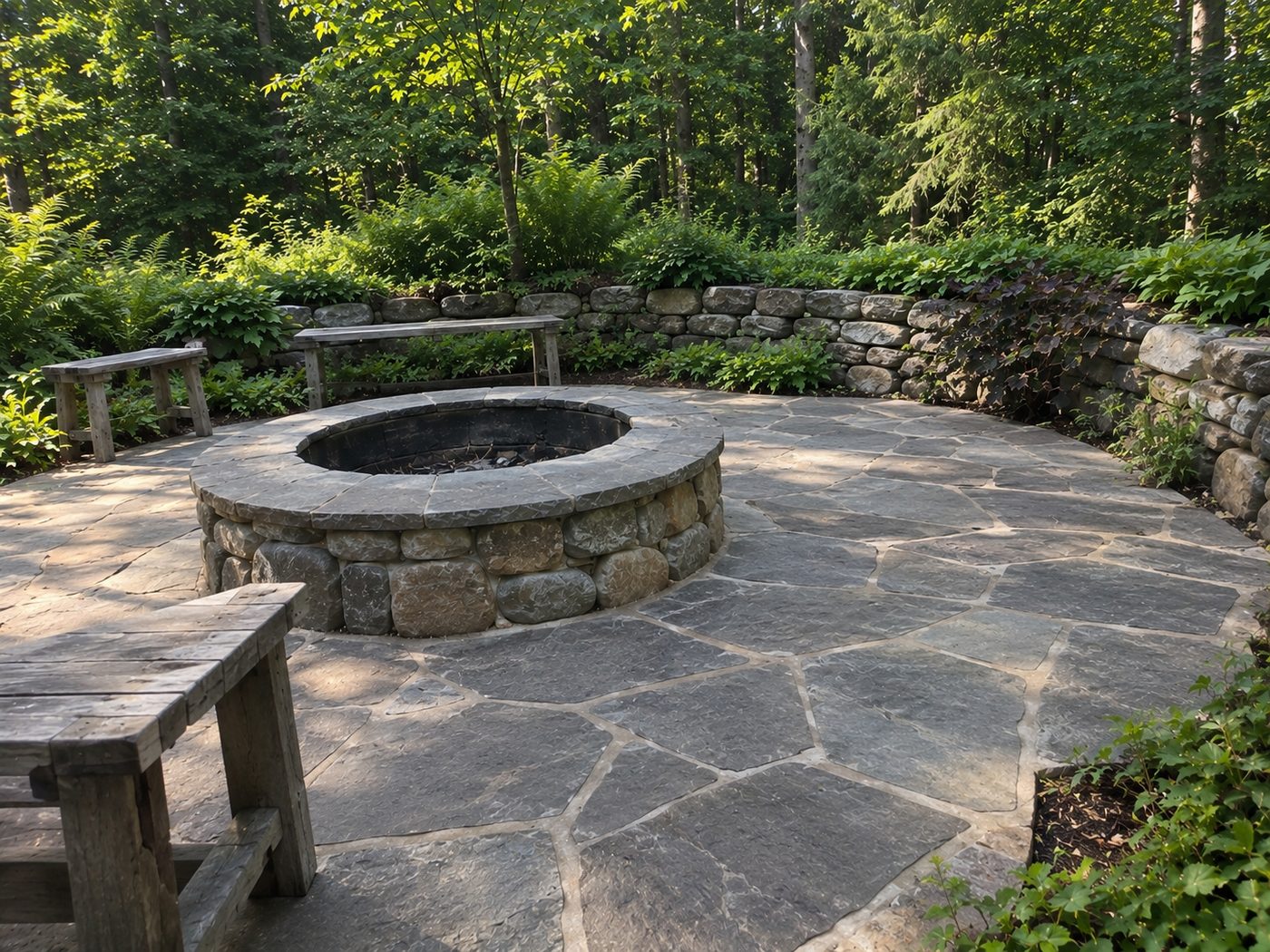 After: the same fire pit and flagstone patio with clean, refreshed joints and a tidy edge along the stone wall
