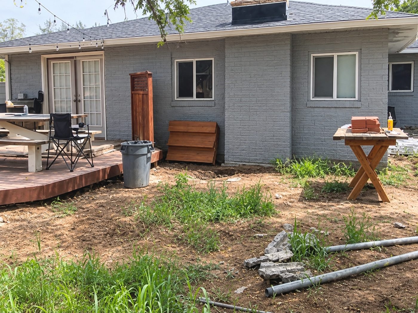 Before: a bare dirt backyard behind a gray brick home, with a wood deck on the left and pipes and tools on the ground